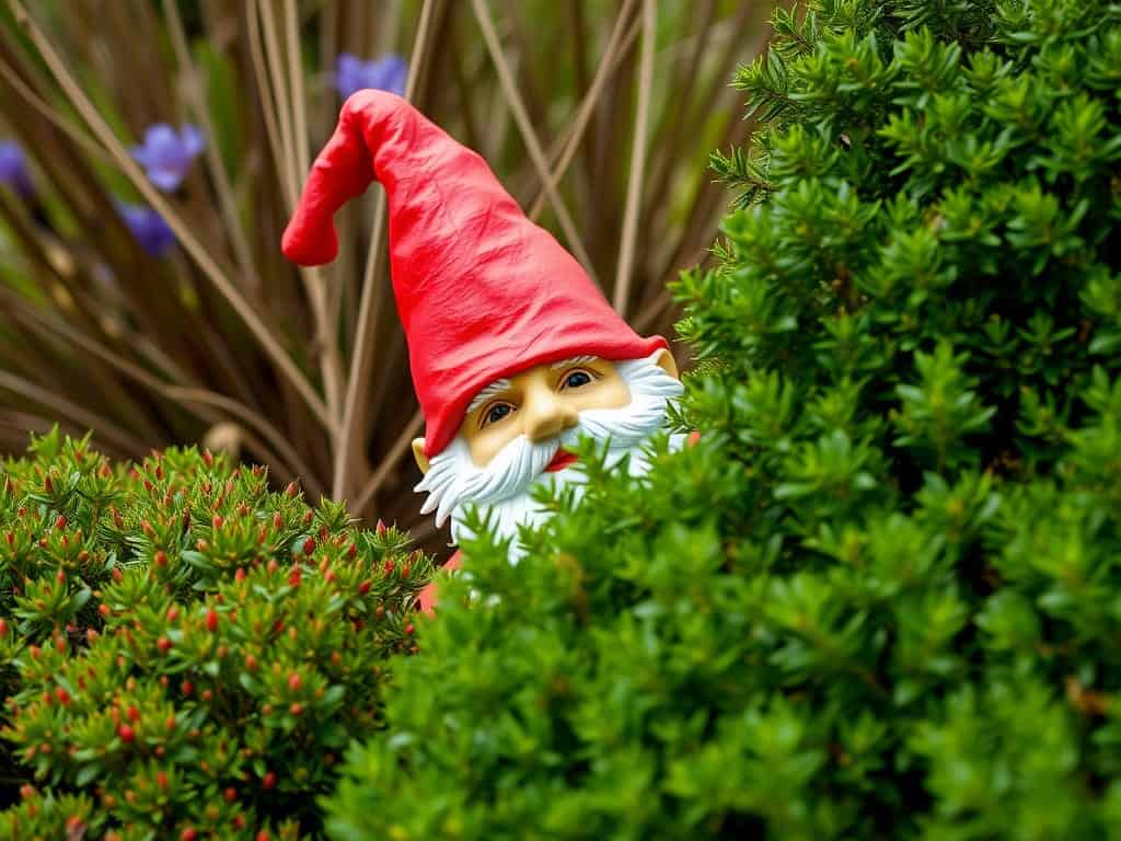 Are Gnomes Real a gnome peeps out from some bushes